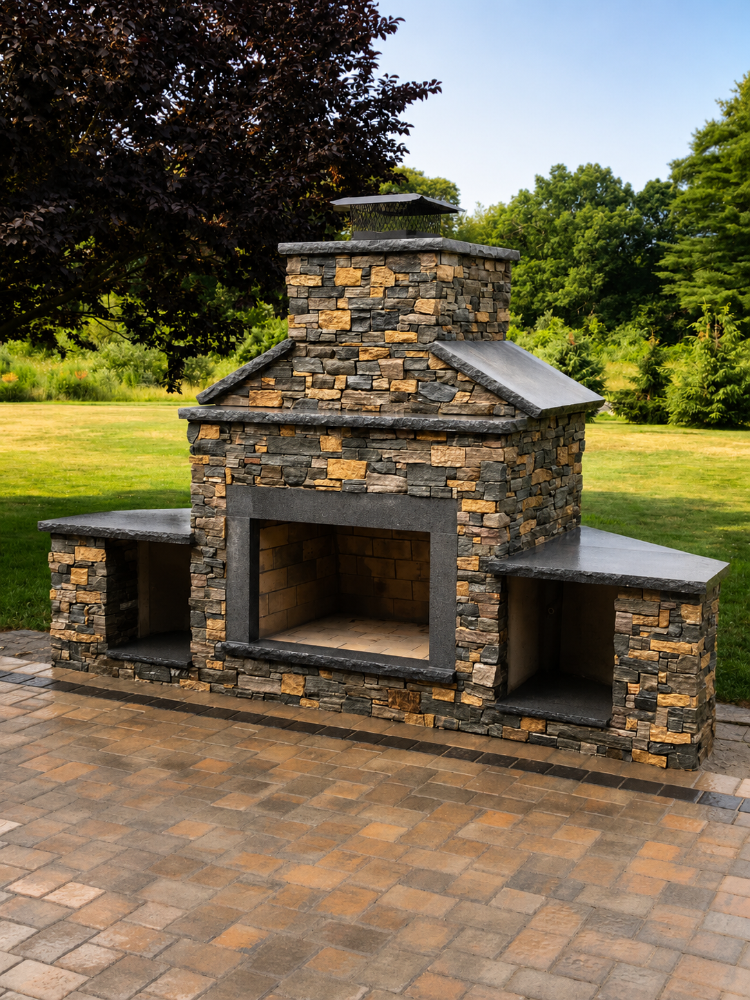 Custom outdoor stone fireplace with dark capstones and paver patio