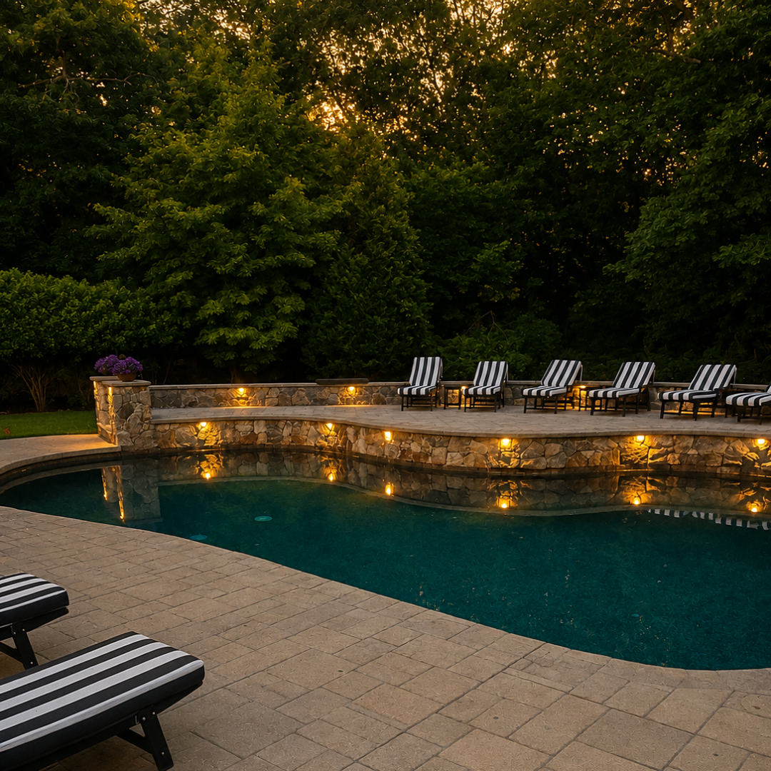 Curved pool deck with stone retaining wall, lounge chairs and evening lighting