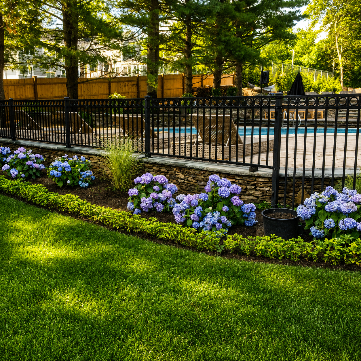 Stone retaining wall with black metal fence and hydrangea landscape border