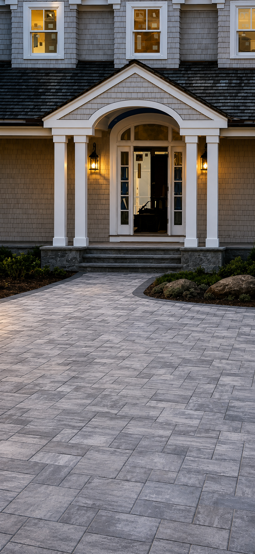 Front entry paver walkway and steps leading to a covered porch
