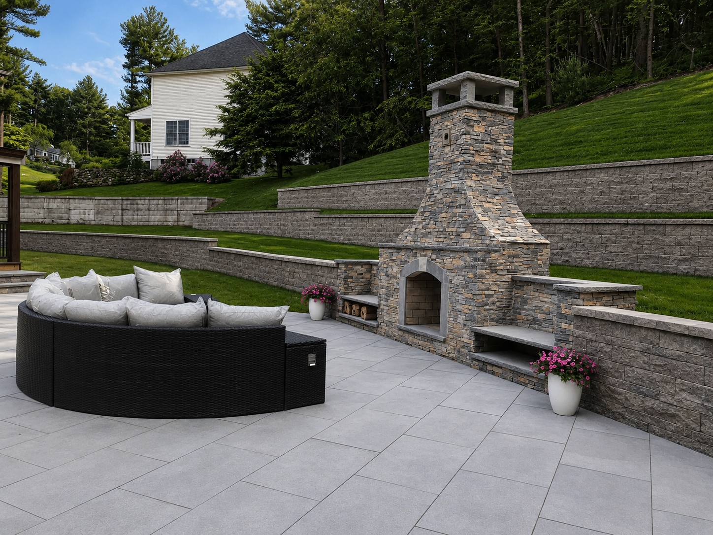 Custom stone outdoor fireplace with tiered retaining walls and patio seating area