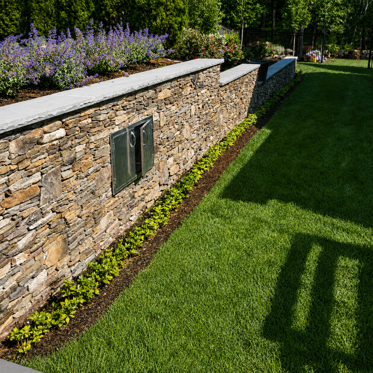 Stone retaining wall with drainage access, flowering plantings and fresh green lawn