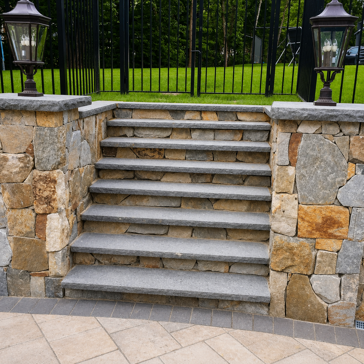 Granite steps framed by stone pillars and lanterns leading up to a fenced lawn